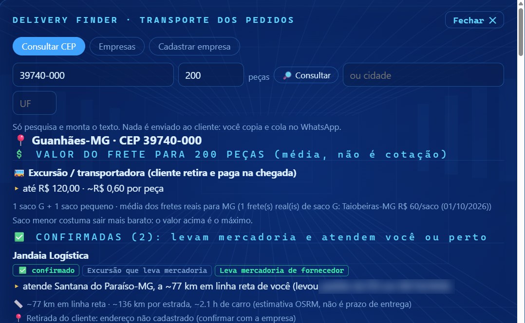 Delivery Finder do Jarvis: CEP de Guanhães-MG, frete estimado para 200 peças e transportadora confirmada a 77 km